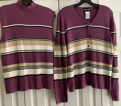Conjunto de suéter Sag Harbor XL para damas - Top y cárdigan sin mangas a rayas Foto 1 de 4