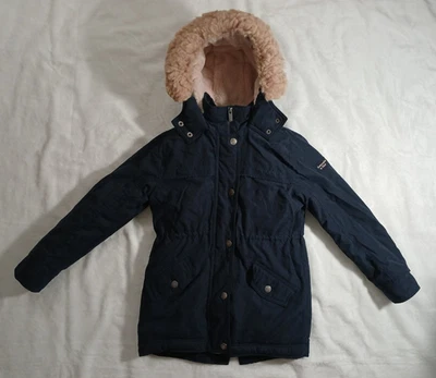Abercrombie Kids Navy Blue with Pink Faux Fur Hooded Girls Parka Coat Size 9/10 - Image 1 of 4