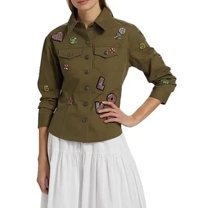 Cinq a Sept Dark Olive Multi Ditsy Love Scrunched Sleeve Canyon Jacket Size 2 - Picture 1 of 12