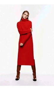 Zara Red Turtleneck Wool Blend Knit High Neck Midi Maxi Sweater Jumper Dress S - Picture 1 of 12