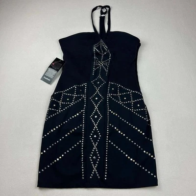 Винтажный BEBE украшенный с заклепками контур мини-платье L серебро золото черный новый с Ярлыками - Изображение 1 из 4