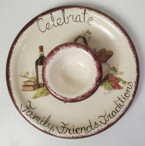Vtg Annie Lapoint Signed Ceramic Snack Plate & Dip Bowl Set Family Celebration - Picture 1 of 7