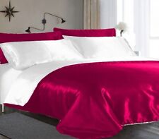 3 PC Small Double Dark Pink & White Satin Reversible Duvet Cover Set XmasSpecial