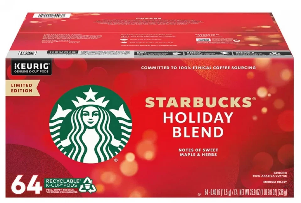 Starbucks Holiday Blend Medium Roast Coffee K-Cup Pods - 64 Pieces