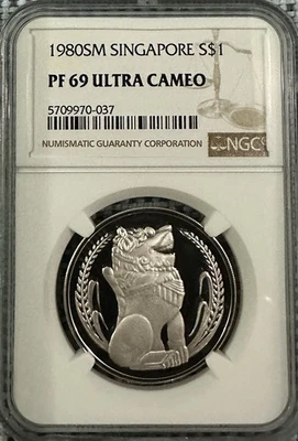 Singapur Merlion 1980 $1 plata prueba NGC PF69 ultra camafeo Foto 1 de 2