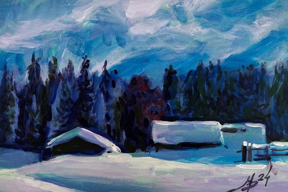 亚克力绘画村冬季故事 M. Patskan 无框原版 nAAA4823 — 第 1/4 张图片