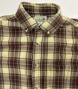LL Bean Flannel Shirt Men Small Beige Burgundy Plaid Outdoors Preppy Lumberjack - Picture 1 of 15