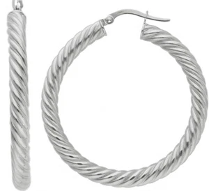 18K WHITE GOLD HOOPS EARRINGS DIAMETER 35mm, TUBE 4mm STRIPED TWISTED BRAIDED - Picture 1 of 4