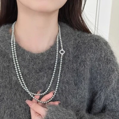 Long 120cm 6mm Gray Shell Pearl Round Beads 18KGP Clasp Necklace  AAA - Image 1 of 4