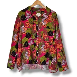 C&C California Linen Button Up Shirt Size 2X Tropical Leaf Pink Leopard Print - Picture 1 of 10