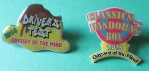 2 Odyssey Of The Mind PIN PINBACK 2014 DRIVER'S TEST 2015 CLASSICS PANDORA'S BOX - Picture 1 of 1