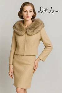 Vintage 50er LILLI ANN 2 Teiler Rock Anzug Jacke Boucle Kunstfellkragen XS S - Bild 1 von 16