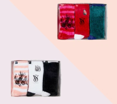 维多利亚的秘密 3 件装雪尼尔保暖袜夏尔巴羊毛挑选颜色红色/粉色无标签 — 第 1/4 张图片