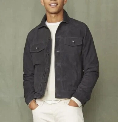 Mens Gray Leather Trucker Jacket Pure Suede Custom Made Size S M L XL 2XL 3XL - Image 1 of 4