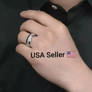 New 8MM Meteorite Stone Pattern Inlaid Silver Stainless Steel Rings Fashion  - Picture 1 of 6