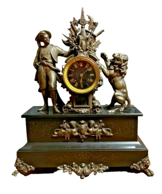 Pendule ancienne XIXème à décor de Turc et Lion en bronze, régule & marbre noir - Photo 1/4