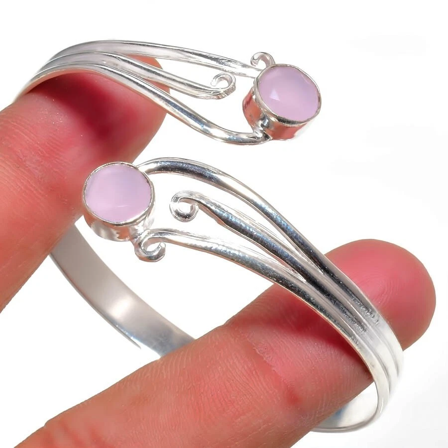 Brazalete de joyería de plata de ley 925 hecho a mano con piedras preciosas de cuarzo rosa talla 7-8 Foto 1 de 1
