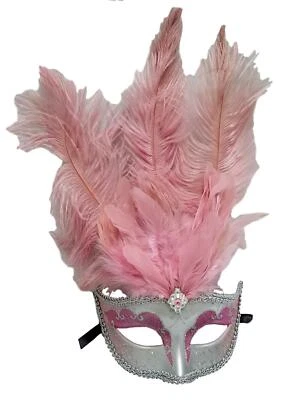 Light Pink Silver Venetian Mask Feather Masquerade Costume Prom Dance - Image 1 of 4