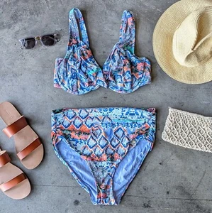 Sunseeker Swimwear Blue Ikat Full Coverage Underwire Bikini size US 10 / DD - Picture 1 of 15