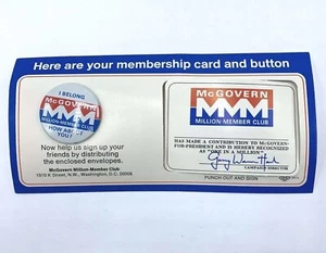 1972 George McGovern Membership Card & Button " McGovern Million Member Club " - Picture 1 of 8