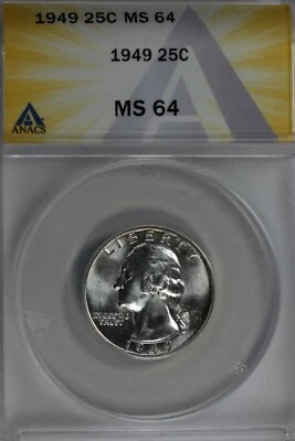 1949  .25   ANACS   MS 64   Washington Quarter, Silver 25 Cents (0.25) - Image 1 of 2