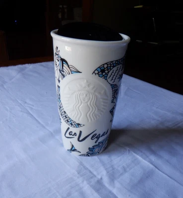 Taza vaso de viaje Starbucks Las Vegas Sirena Sirena Cerámica con tapa ~ 12 oz. Nuevo Foto 1 de 4