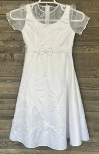 Girls Preteen Sz 12 White Communion Flower Girl Dress Short Sleeve Simple VGC - Picture 1 of 14