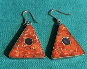 MARY CORIZ LOVATO NATIVE AMERICAN SANTO DOMINGO MOSAIC REVERSIBLE CORAL EARRINGS - Picture 1 of 8