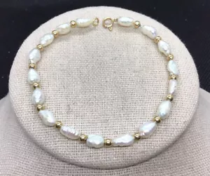Vintage 14K Yellow Gold Genuine Pearl Bracelet 7" JJ267 - Picture 1 of 4