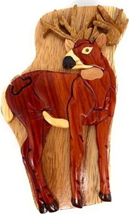 Cervo, Scatola Puzzle Intarsiata in Legno Tutto Naturale, Realizzata Artigianale con Scomparto Segreto - Foto 1 di 3