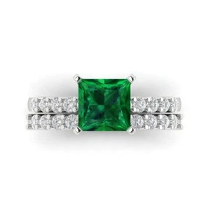2.66Ct Princess Cut Gemstone anniversary Ring and Band Set Solid White Gold - Picture 1 of 30