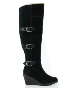 Cole Haan Boots Womens Michelle Black Suede Shearling Wedge Knee Booties 5.5B - Picture 1 of 12