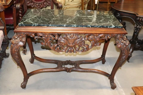 Fine Carved Walnut Verdi Green Marble Top Console Table with Stretcher Base Cover