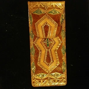 Vintage Gilt Brown Leather Pen Pencil eyeglasses Case Holder Flat pocket 6.5" - Picture 1 of 12