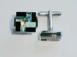 C0111 CUFF LINKS CUFFLINKS ABALONE SEA SHELL BLACK ONYX CROSS GAMMADION BARS NEW - Picture 1 of 1