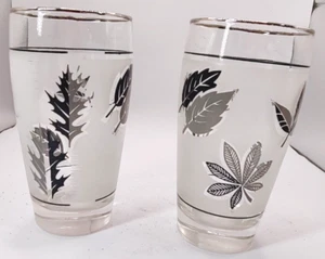 Libbey Silver Leaf Foliage Flat Tumblers Glasses 12 oz Lot of 2 MCM Frosted - Picture 1 of 10