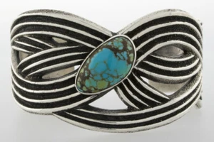 Bracciale Turchese Da Montagna Turchese Naturale Di Artista Navajo Aaron Anderson - Foto 1 di 6