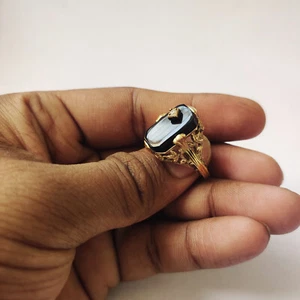 Anello argento naturale onice nera placcato oro antico vintage fatto a mano misura 7 H-8 - Foto 1 di 4