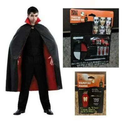 Disfraz de Vampiro Drácula Halloween 54" Capa Negra, Dientes Colmillos Maquillaje Adulto 3 Piezas Foto 1 de 4