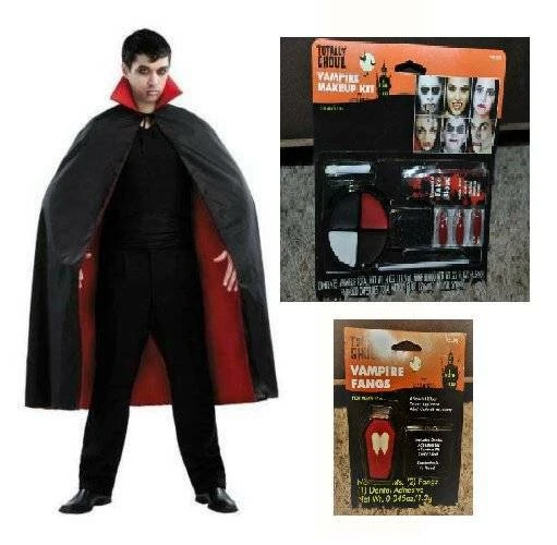 Disfraz de Vampiro Drácula Halloween 54" Capa Negra, Dientes Colmillos Maquillaje Adulto 3 Piezas Foto 1 de 4