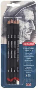 Derwent Charcoal Pencils 4 Pk - 1 Light, 1 Medium, 1 Dark 1, White - Picture 1 of 1