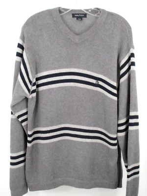 NAUTICA Pullover V-Neck Sweater Men Medium Gray Striped Cotton Preppy Academia - Image 1 of 4