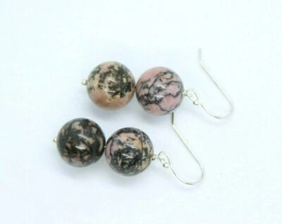 Pendientes de rodonita rosa negro 10 mm bola piedras preciosas .925 plata de ley 1 1/4" Foto 1 de 4
