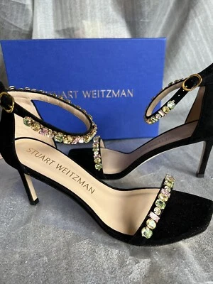 Stuart Weitzman Nunakedstraight Square Gem Black Suede Heel Sandal US7,5M/ $550 - Image 1 of 4