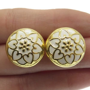 HAN 925 Sterling Silver Gold Plated Enamel Heart Floral Omega Back Earrings - Picture 1 of 9