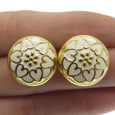 HAN 925 Sterling Silver Gold Plated Enamel Heart Floral Omega Back Earrings - Image 1 of 4
