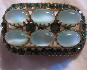 Rare Czech Aqua Blue Large Stones & Green Rhinestones High Dome Brooch - Picture 1 of 5