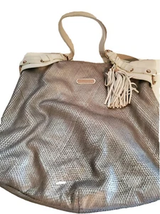 Cynthia Rowley Purse Silver Faux Snake Skin Tote w White Handles Zipper Closure - Picture 1 of 8