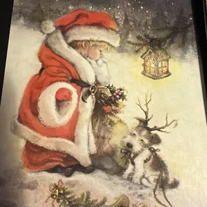 Tarjeta de Navidad de colección SIN USAR postal niño en traje de Santa perro con astas de reno - Imagen 1 de 3