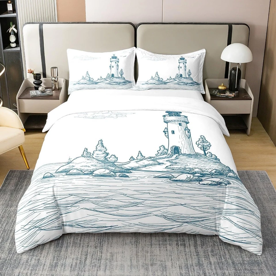 Cotone, Copripiumino 240 X 260 Faro, Set Di Biancheria Da Letto Nautico, Set Da  - Immagine 1 di 4